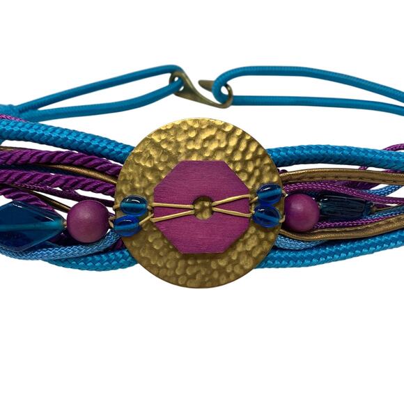 VTG Corded Mixed Material Stretch Belt XS/S Hammered Gold Tone Medallion *FLAW